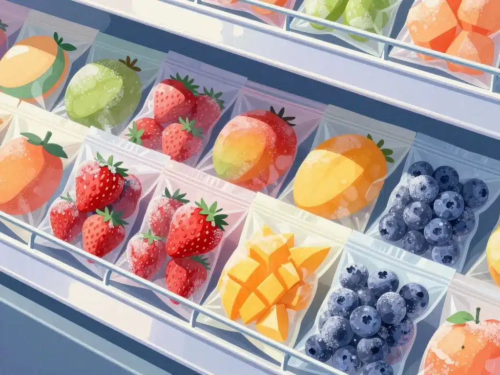 fruit congelé pour smoothie sachets sur étagère de magasin