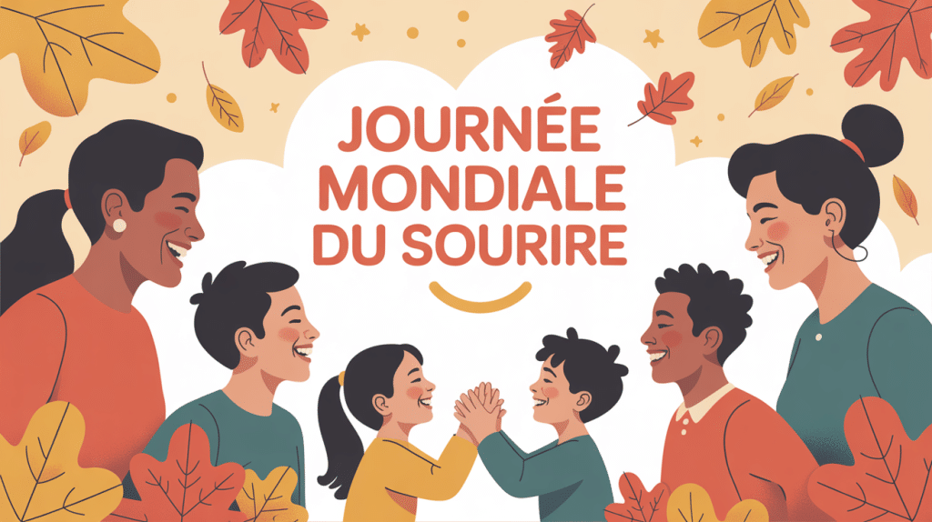 Illustration journée mondiale du sourire 2024 avec enfants et adultes en automne
