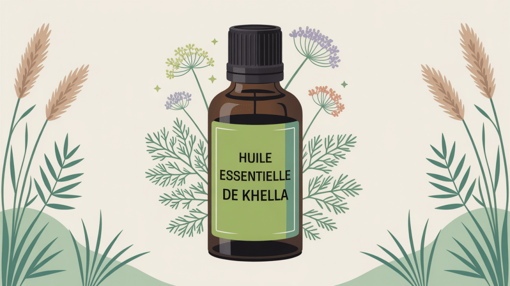 illustration fiole huile essentielle de khella et plante ammi visnaga