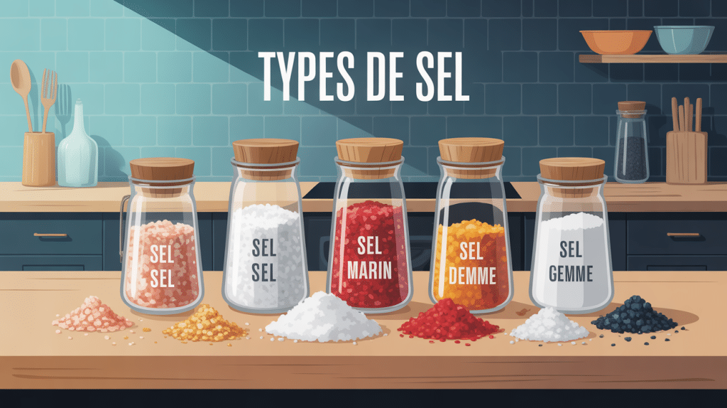 les 3 types de sel sur table de cuisine