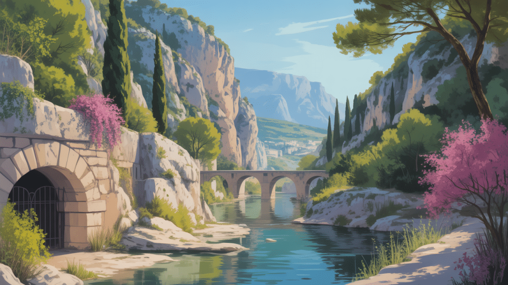 Illustration du site les encanaux auriol avec canal et paysage provençal
