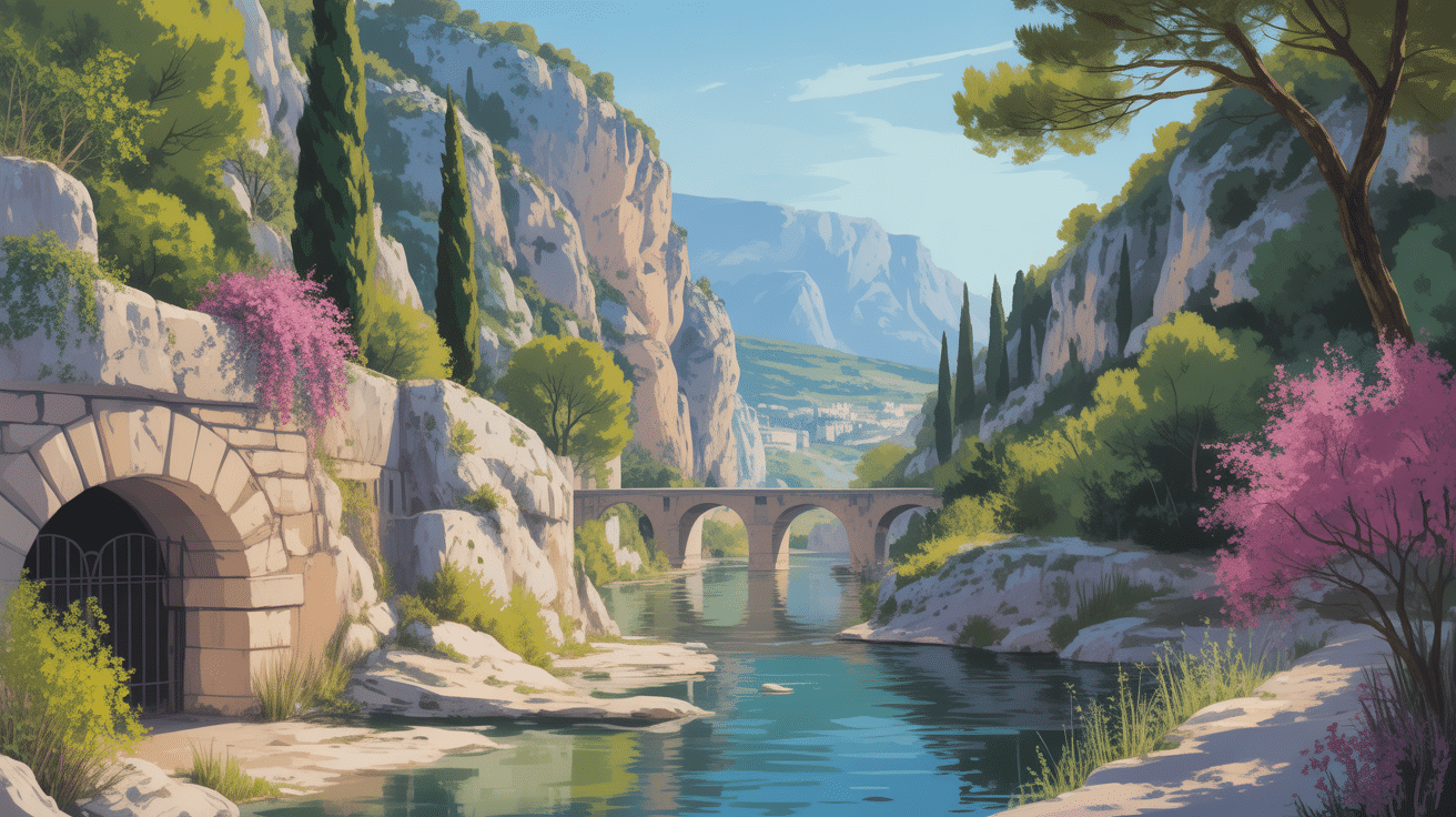 Illustration du site les encanaux auriol avec canal et paysage provençal