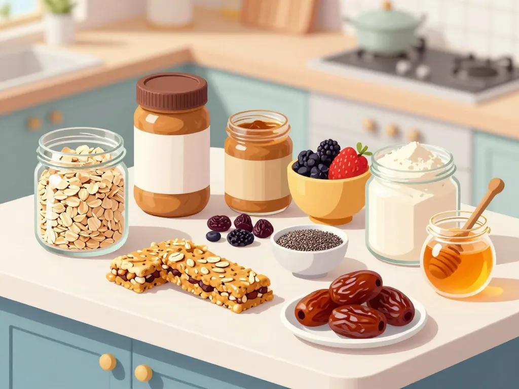 Ingrédients pour bar proteine maison sur plan de travail