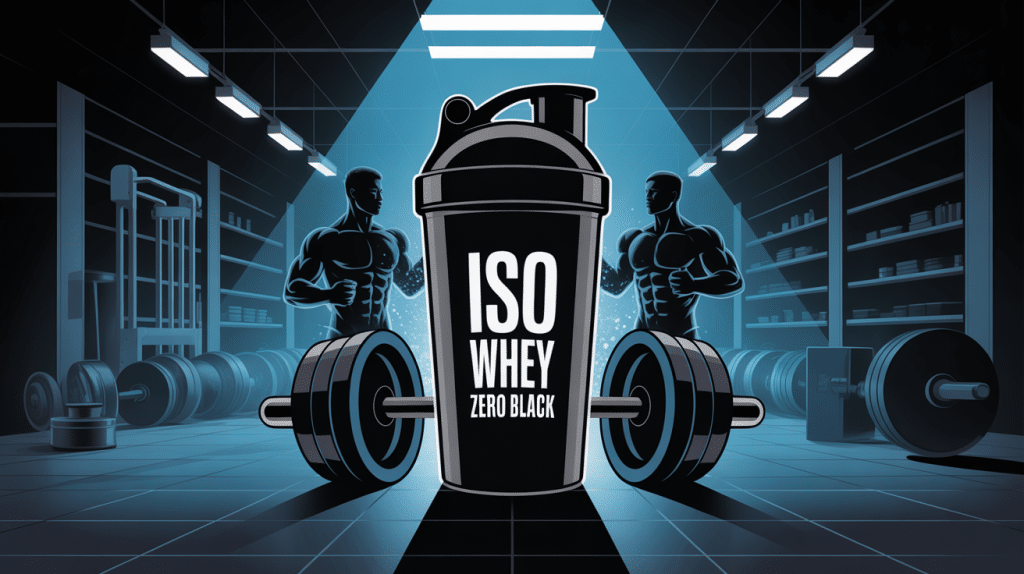 iso whey zero black shaker entouré d'éléments musculation