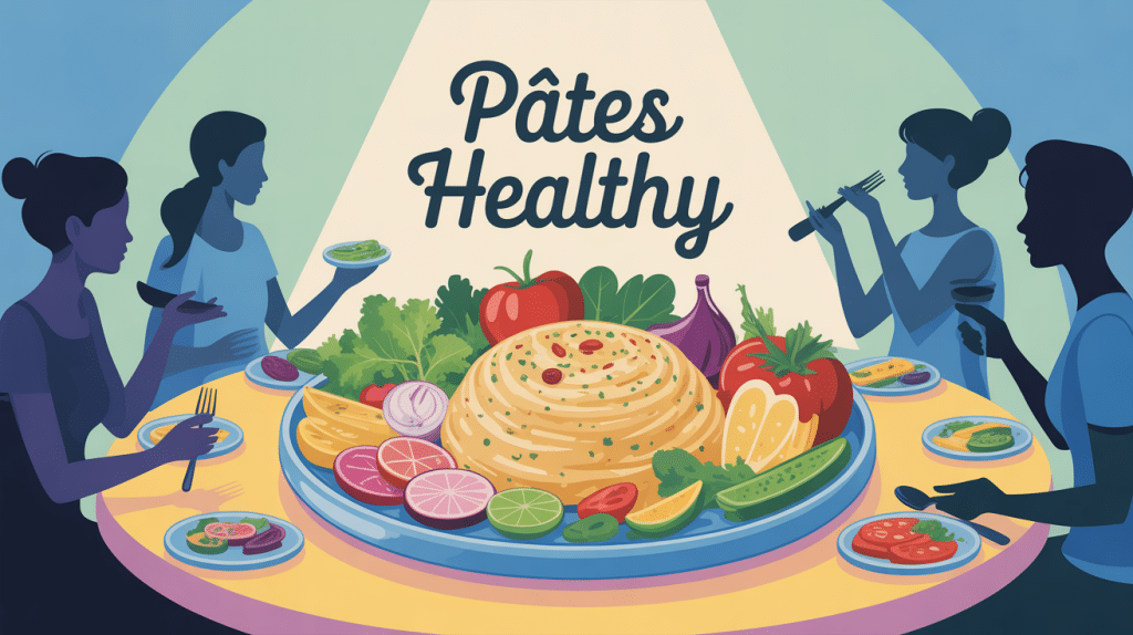 Pate healthy colorée avec légumes et protéines, ambiance conviviale