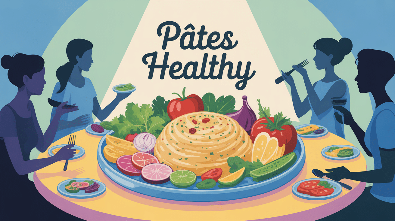 Pate healthy colorée avec légumes et protéines, ambiance conviviale