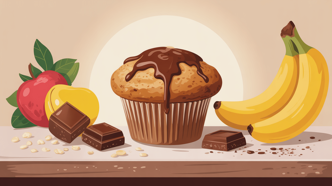 recette muffin banane chocolat healthy avec ingrédients autour, style moderne