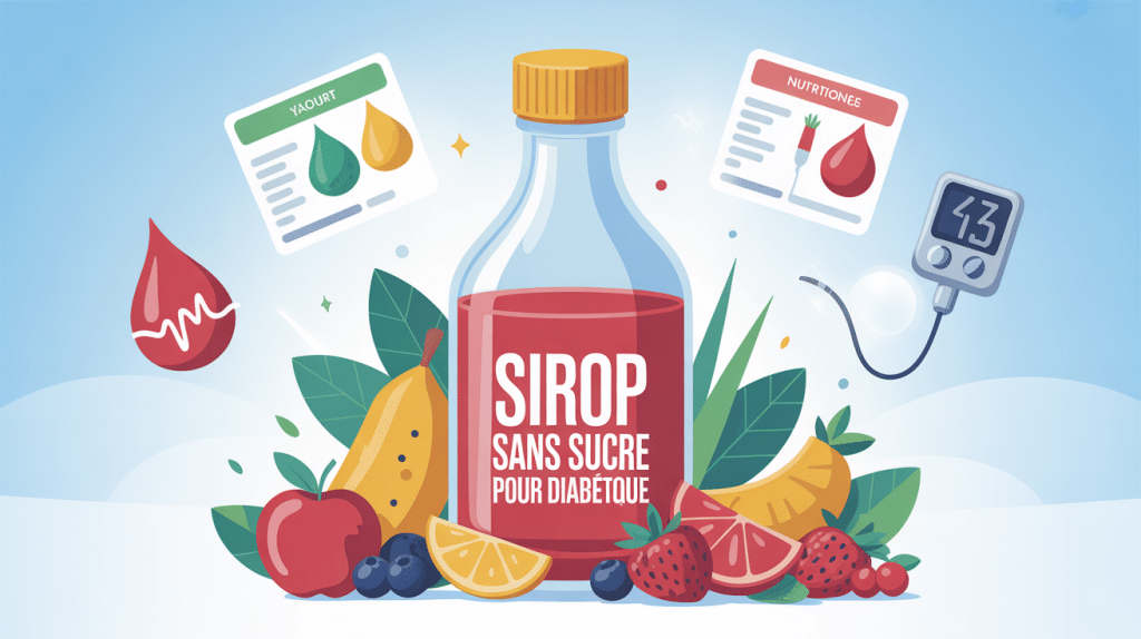 Bouteille de sirop sans sucre pour diabétique et symboles santé