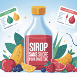 Bouteille de sirop sans sucre pour diabétique et symboles santé