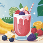 Smoothie au fruit congelé dans un grand verre avec ingrédients autour