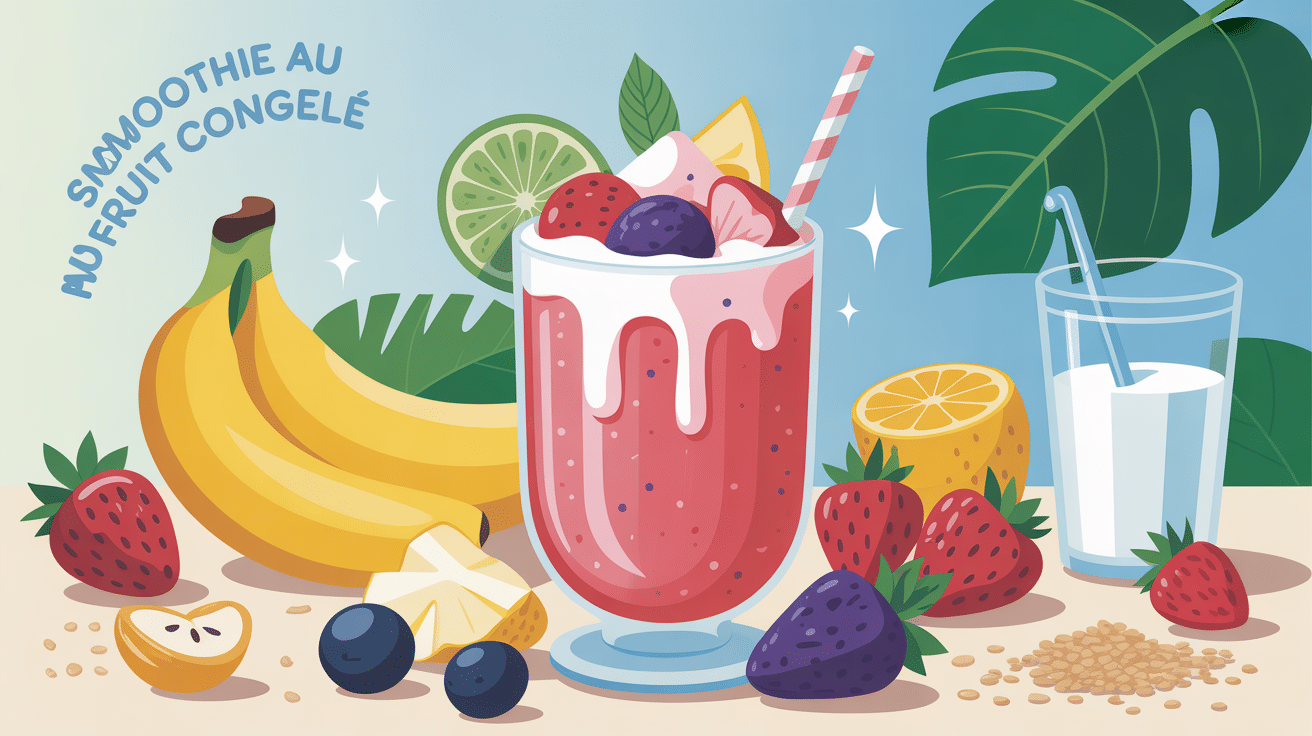 Smoothie au fruit congelé dans un grand verre avec ingrédients autour
