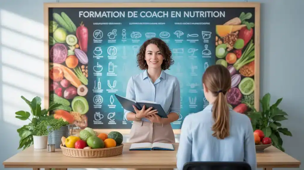 coach en nutrition formation devant tableau aliments sains