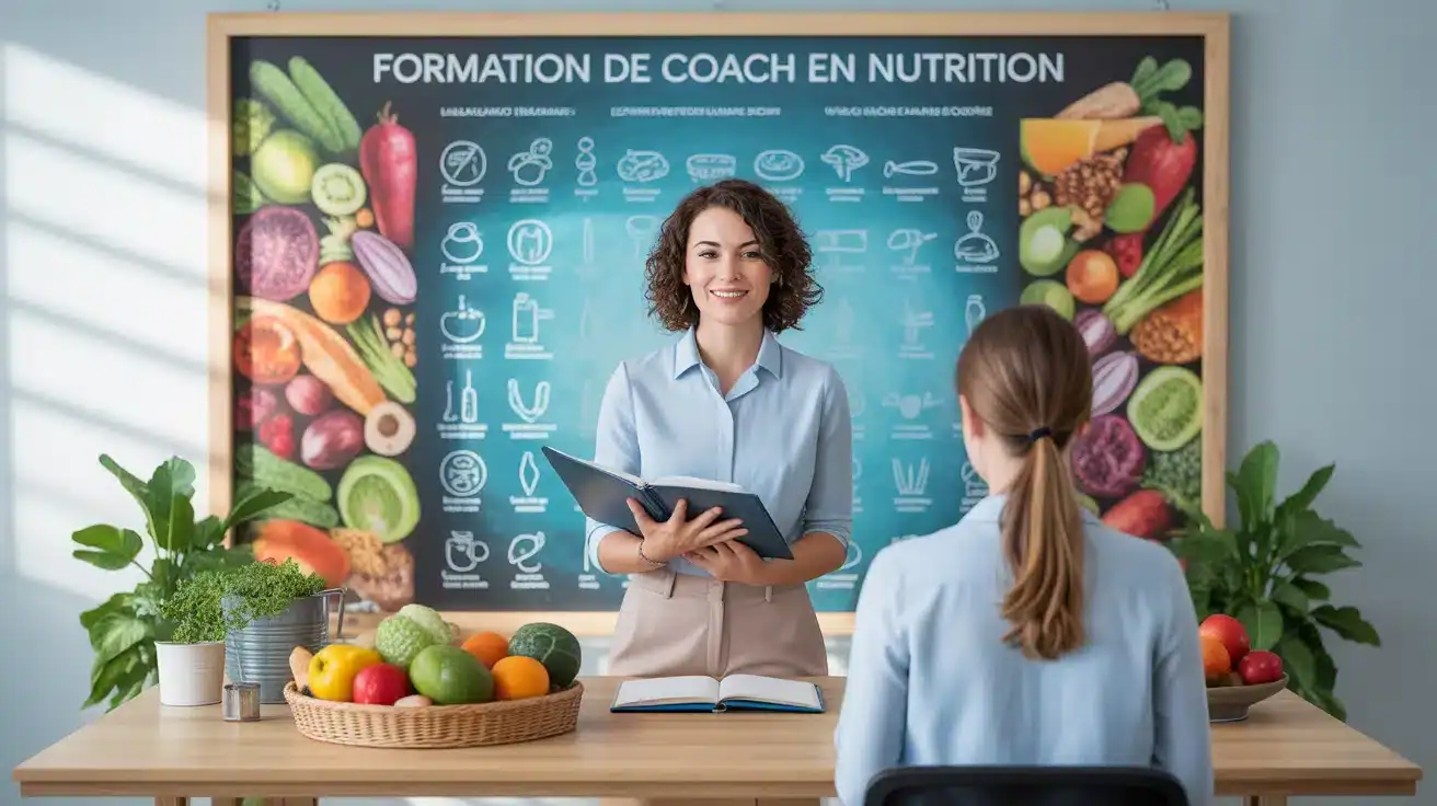 coach en nutrition formation devant tableau aliments sains