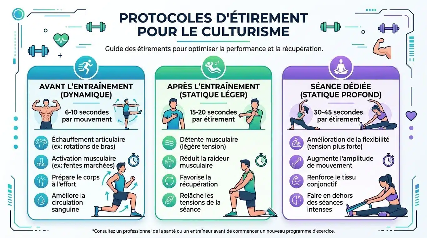 Infographie récapitulative des protocoles d'étirements en musculation