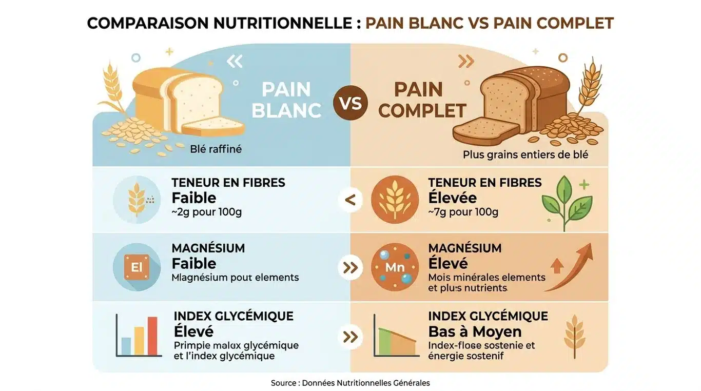 Infographie comparative des bienfaits nutritionnels du pain complet par rapport au pain blanc