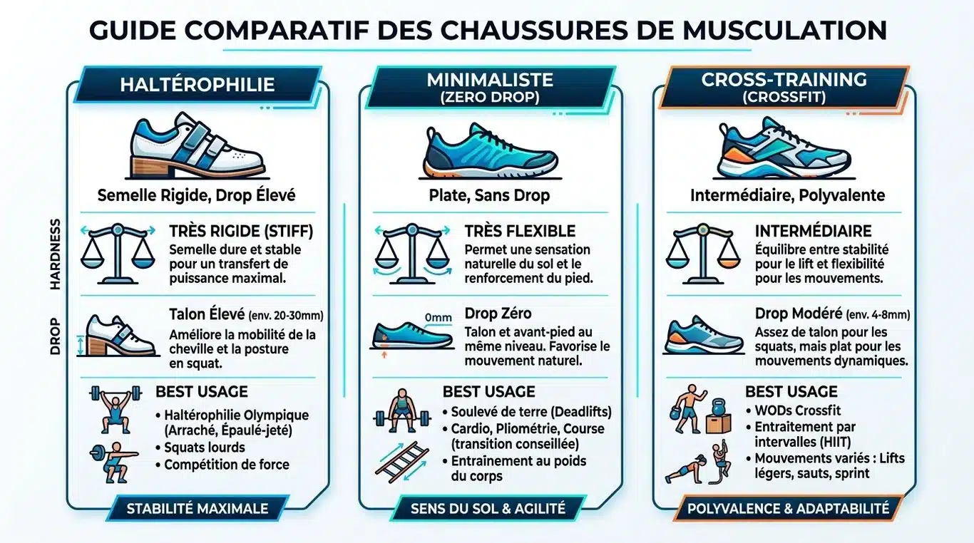 Infographie comparative des types de chaussures de musculation : Haltérophilie, Minimaliste et Cross-training