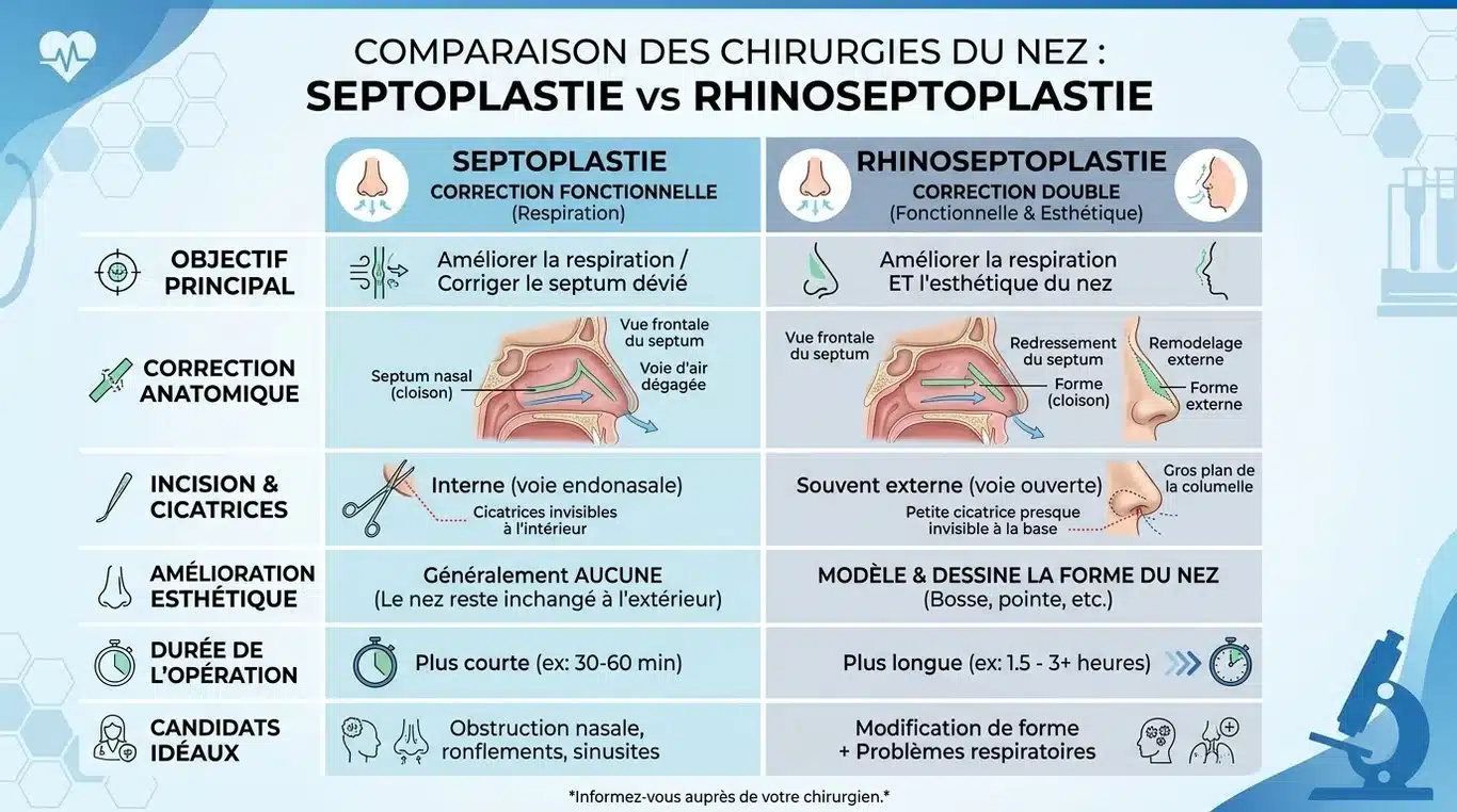 Infographie comparative entre la septoplastie fonctionnelle et la rhinoseptoplastie esthétique et fonctionnelle.