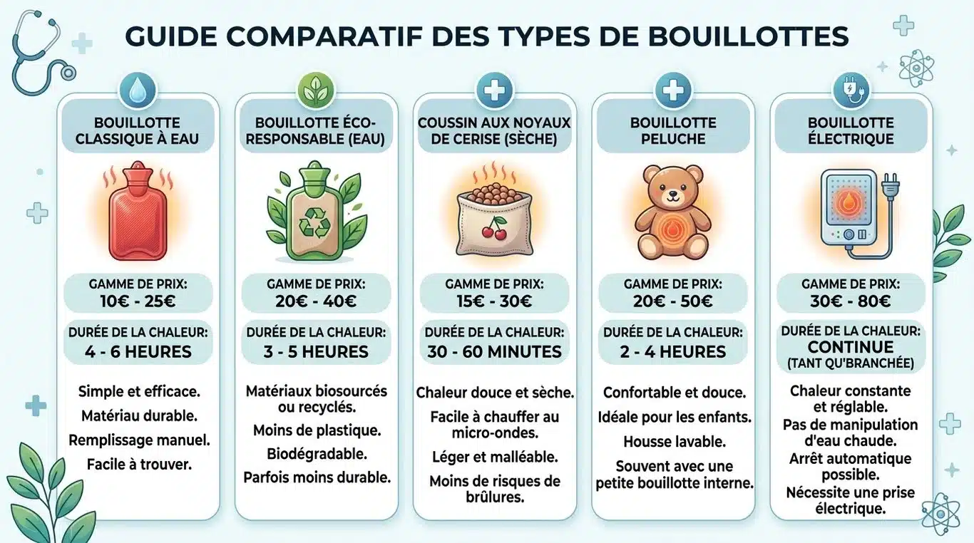 Infographie comparative des types de bouillottes en pharmacie : prix, usage et durée de chaleur.