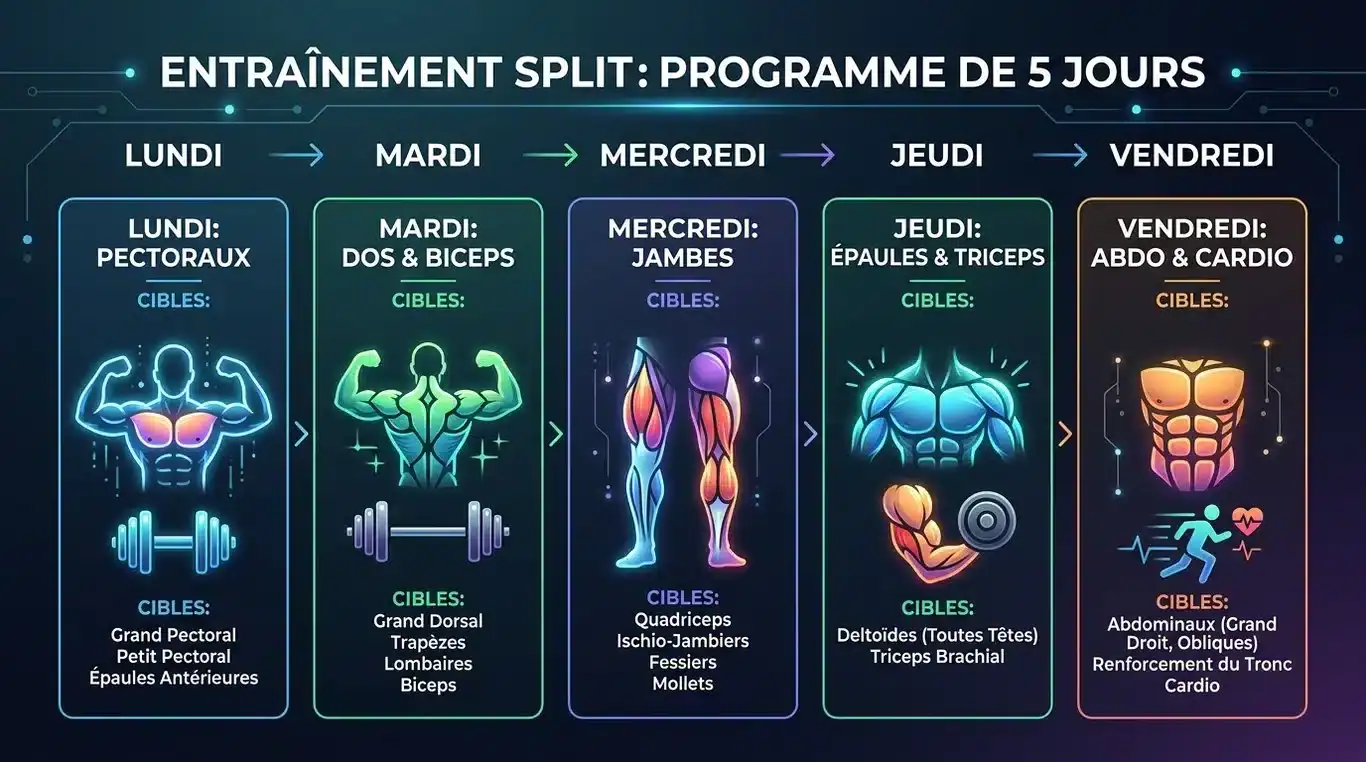 Infographie récapitulative du programme de musculation sur 5 jours