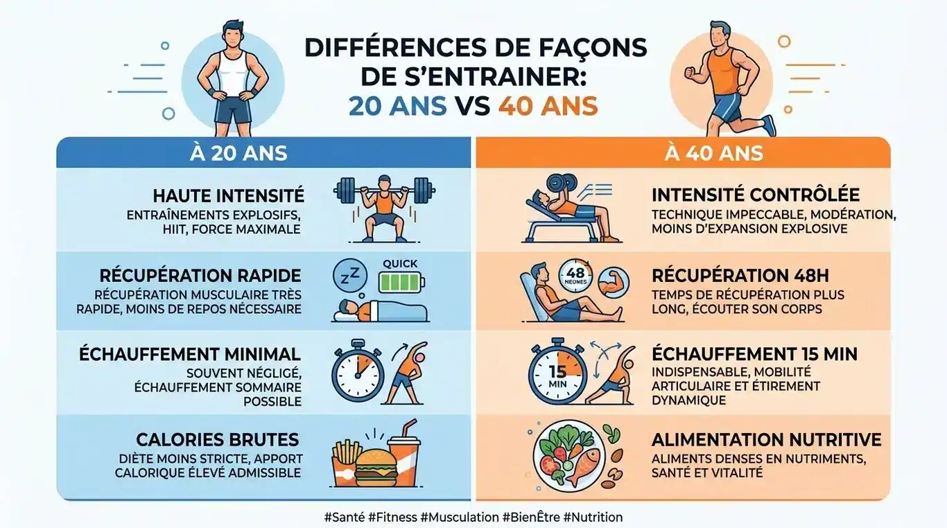 Infographie comparative des priorités en musculation : 20 ans vs 40 ans