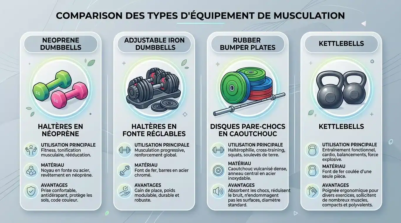 Infographie comparative des types de poids de musculation : haltères, disques et kettlebells