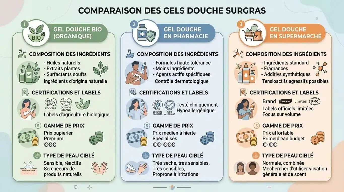 Infographie comparative des gels douche surgras : Bio, Pharmacie et Grande Distribution