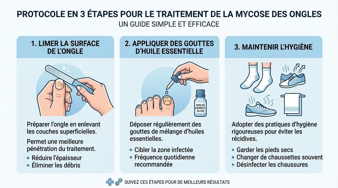 Infographie du protocole de traitement de la mycose de l'ongle en 3 étapes