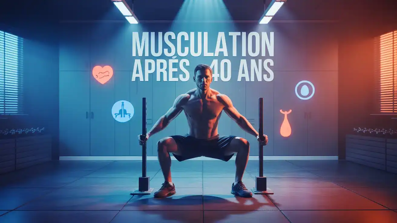 Musculation homme 40 ans squat haltères salle moderne