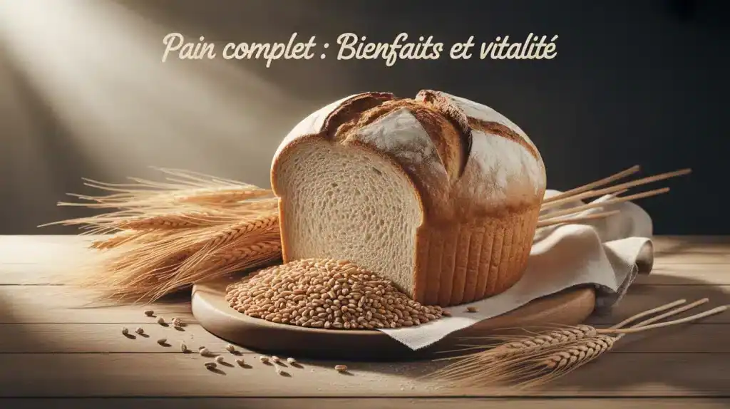 Pain complet bienfait, tranche et grains de blé