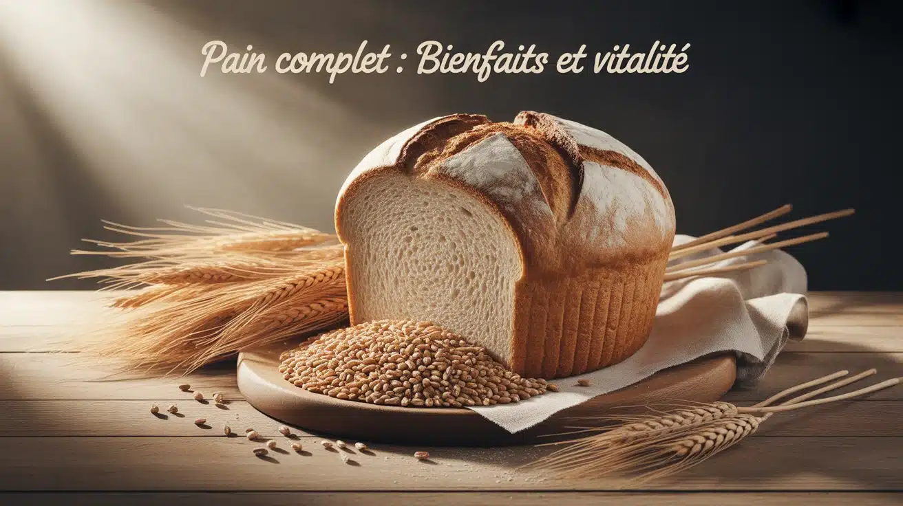 Pain complet bienfait, tranche et grains de blé