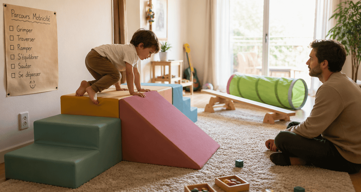 Parcours motricité enfant mousse bois salon