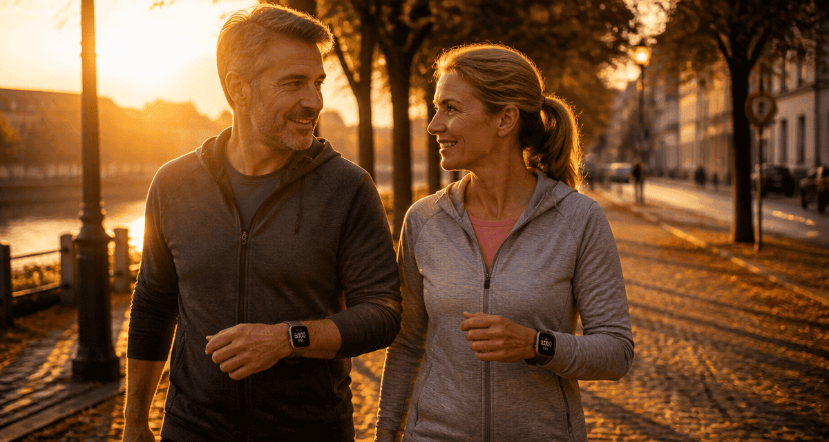 6000 pas par jour couple marche au coucher du soleil