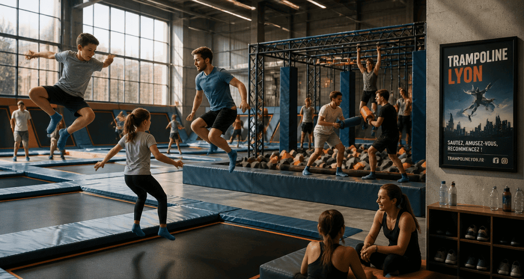 avis sur trampoline park lyon, enfants et adultes sautant, zone ninja