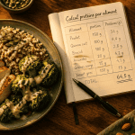 calcul proteine par aliment sur table avec assiette et carnet