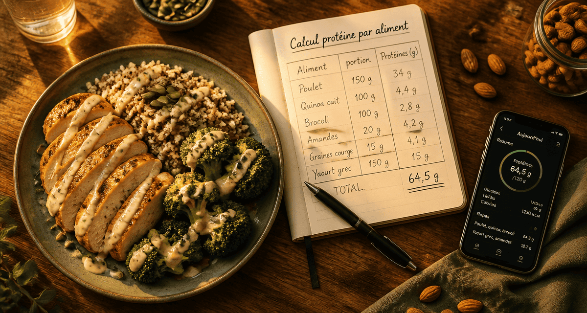 calcul proteine par aliment sur table avec assiette et carnet