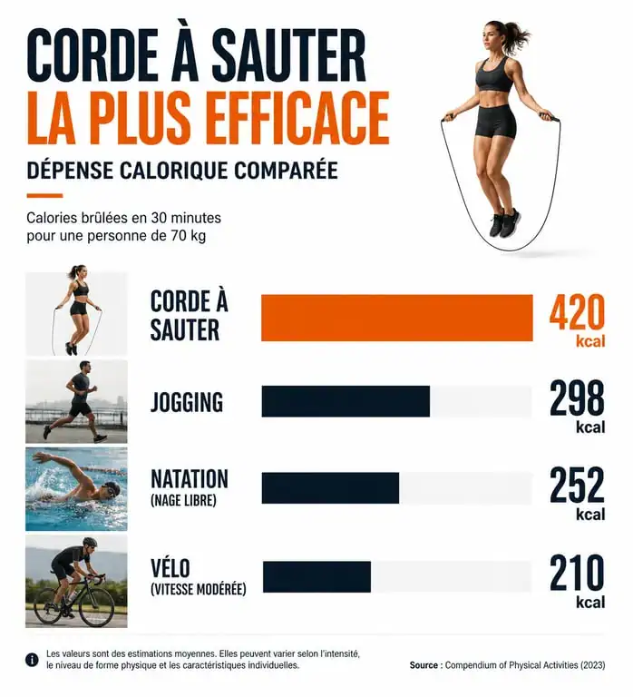 Infographie comparative de la dépense calorique : saut a la corde et perte de poids par rapport aux autres sports