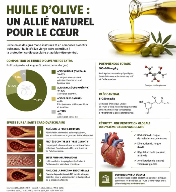 Infographie des bienfaits de l'huile d'olive pour la santé et composition nutritionnelle