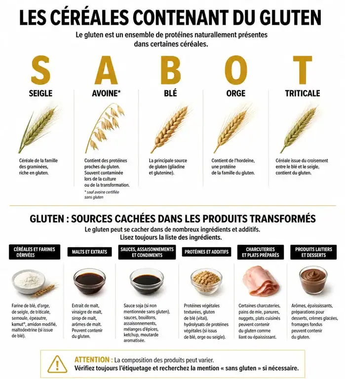 Infographie des aliments contenant du gluten à éviter