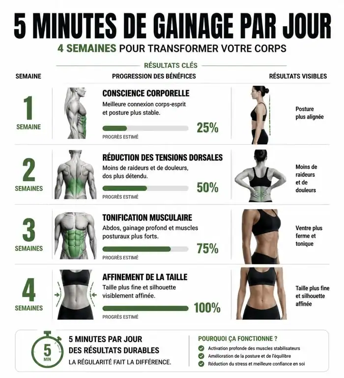 Infographie montrant les résultats d'une routine de 5 minutes de gainage par jour sur 4 semaines pour une meilleure posture et tonification.