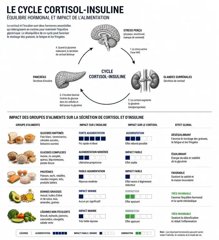 Infographie expliquant le lien entre alimentation, insuline et cortisol pour mieux gérer le stress et les aliments à éviter.