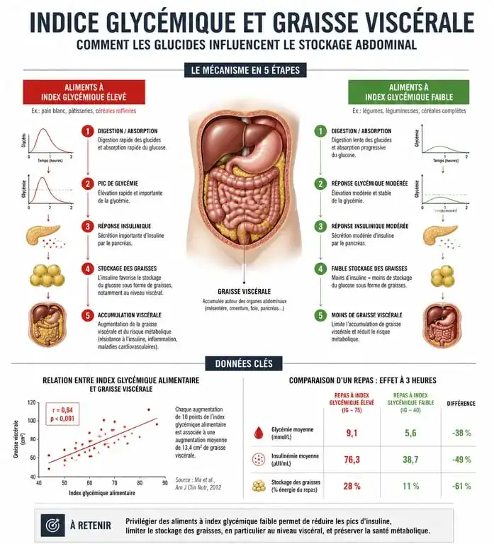 Infographie sur les mécanismes de stockage de la graisse viscérale et conseils pour maigrir du ventre par l'alimentation
