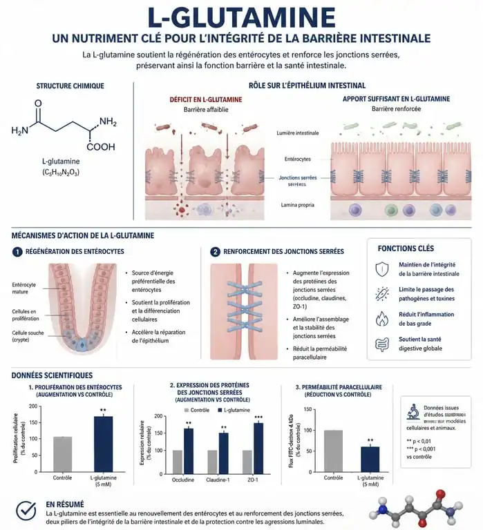 Infographie sur le mécanisme d'action de la L-glutamine pour la santé intestinale