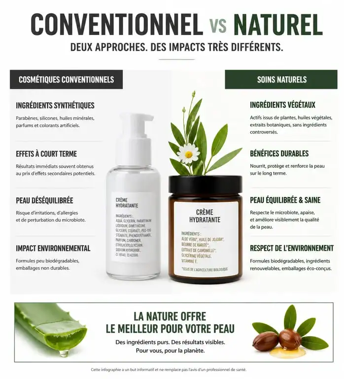 Infographie comparative : cosmétiques conventionnels vs soins au naturel pour une routine beauté saine.