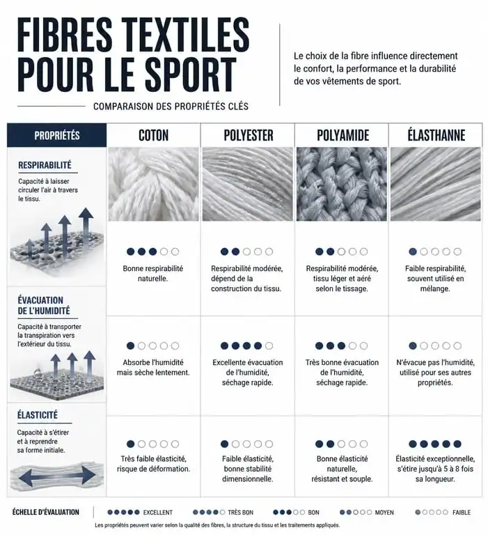 Infographie comparative des matières techniques pour vêtement pour salle de sport