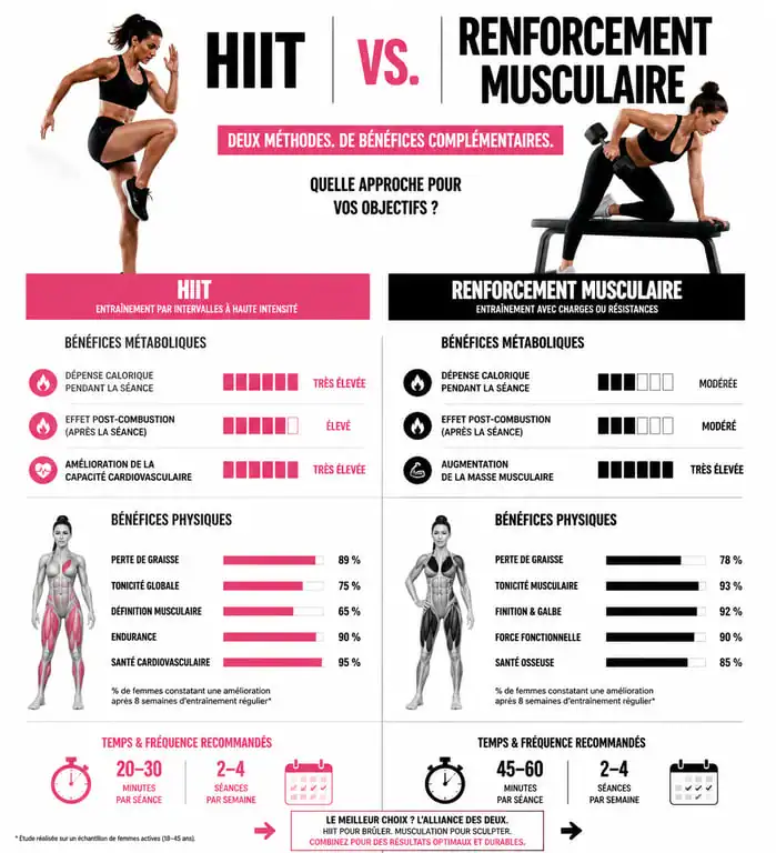 Infographie comparative fitness femme : HIIT vs Renforcement musculaire pour sculpter sa silhouette