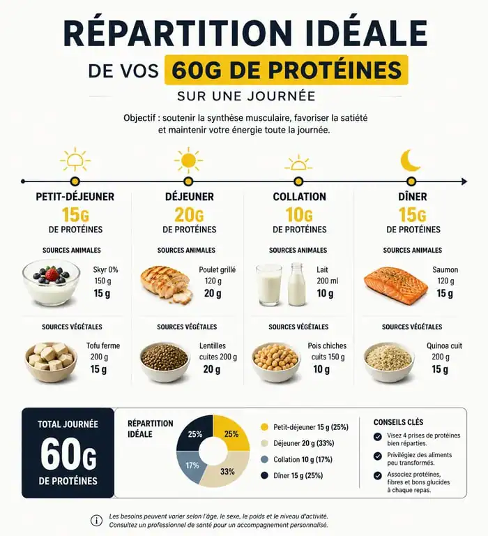 Infographie sur la répartition de 60 g de protéines par jour pour une alimentation équilibrée