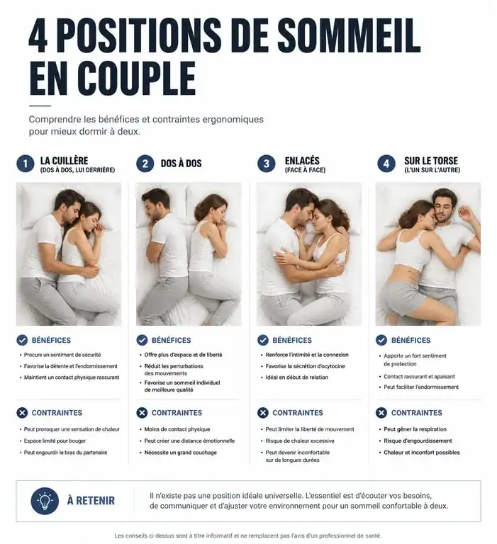Infographie comparative des positions de sommeil en couple et leurs impacts sur la santé et la qualité du repos
