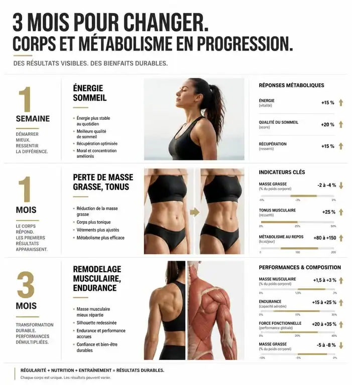 Infographie des résultats de 30 minutes de sport par jour avant après sur 3 mois