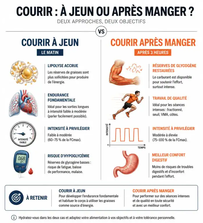 Infographie comparative : courir à jeun ou après manger pour la course à pied