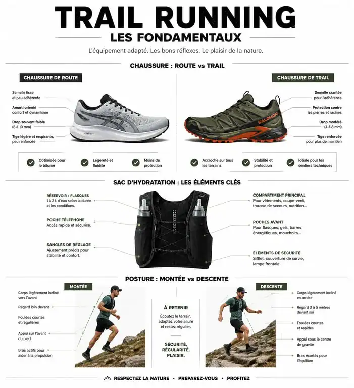 Infographie des équipements et techniques essentiels pour le trail running